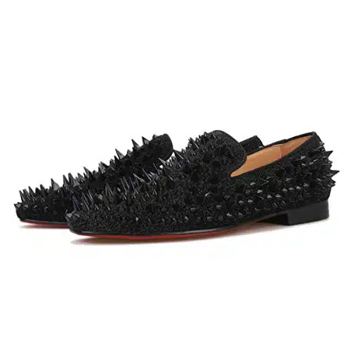 Ferucci Men Black Spikes Slippers Loafers Flat With Crystal Gz Rhinestone ()