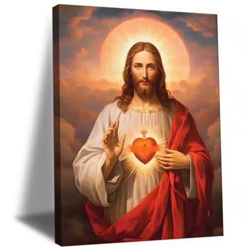 Framed Sacred Heart Of Jesus Picture Wall Art Divine Mercy Picture Canvas Wall Decor Christ Jesus Portrait Poster Prints Christian Religious Artwork For Living Room Bedroom(Xi