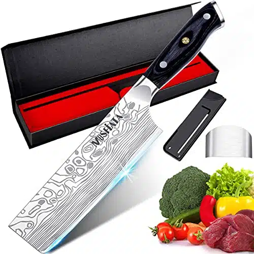 Mosfiata  Nakiri Chef'S Knife With Finger Guard, German High Carbon Stainless Steel Envegetable Knife, Multipurpose Kitchen Knife With Micarta Handle In Gift Box